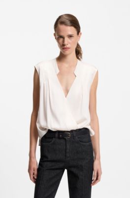 Regular-fit blouse in stretch silk, Natural