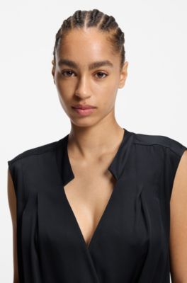 Regular-fit blouse in stretch silk, Dark Blue