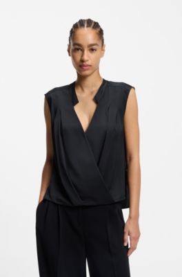 Regular-fit blouse in stretch silk, Dark Blue