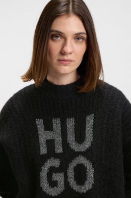Pullover mit glitzerndem Stack-Logo, Woll- und Alpaka-Anteil, Schwarz