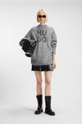 Maglione scintillante con logo scomposto in lana e alpaca, Grigio chiaro