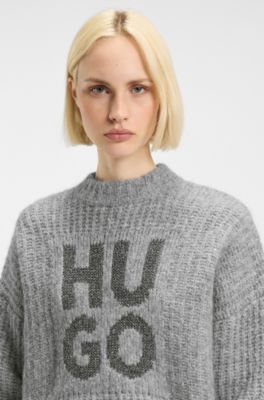 Maglione scintillante con logo scomposto in lana e alpaca, Grigio chiaro