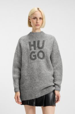 Maglione scintillante con logo scomposto in lana e alpaca, Grigio chiaro
