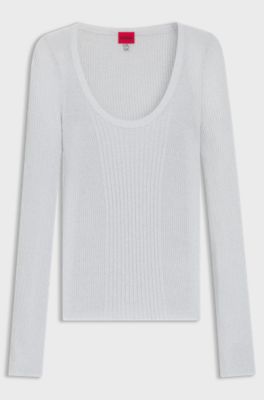 Pull en fil brillant &agrave; c&ocirc;tes m&eacute;lang&eacute;es, Blanc