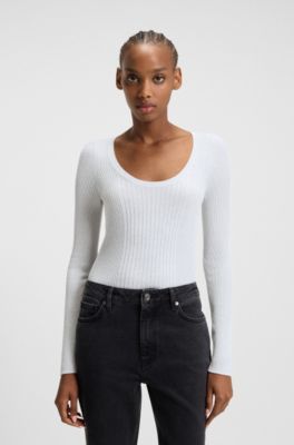 Pull en fil brillant &agrave; c&ocirc;tes m&eacute;lang&eacute;es, Blanc