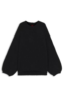 Oversized-fit knitted sweater with puff sleeves, Black