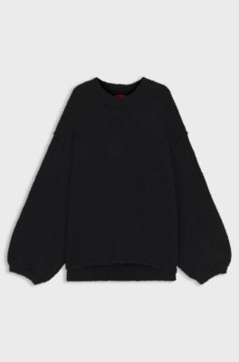 Oversized-fit knitted sweater with puff sleeves, Black