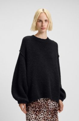 Oversized-fit knitted sweater with puff sleeves, Black