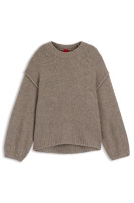 Oversized-fit knitted sweater with puff sleeves, Light Brown