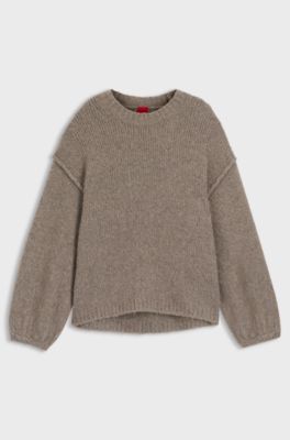Oversized-fit knitted sweater with puff sleeves, Light Brown