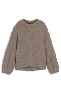 Oversized-fit knitted sweater with puff sleeves, Light Brown