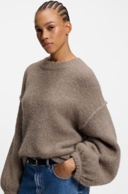 Oversized-fit knitted sweater with puff sleeves, Light Brown