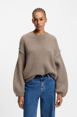 Oversized-fit knitted sweater with puff sleeves, Light Brown