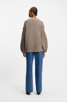 Oversized-fit knitted sweater with puff sleeves, Light Brown
