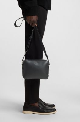 Leather crossbody bag with logo trim, Black