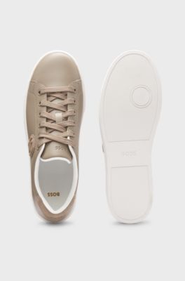 Leather trainers with Double B monogram, Beige