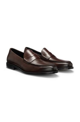 Loafers in smooth leather with penny trim, Dark Brown