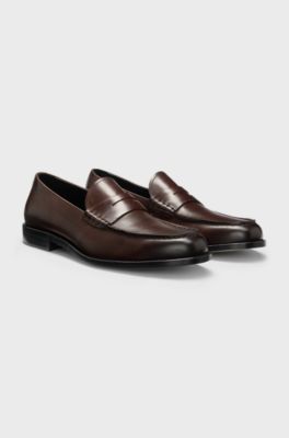 Loafers in smooth leather with penny trim, Dark Brown