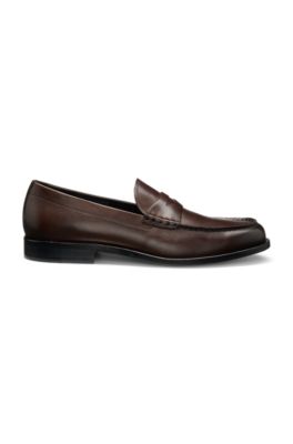 Loafers in smooth leather with penny trim, Dark Brown