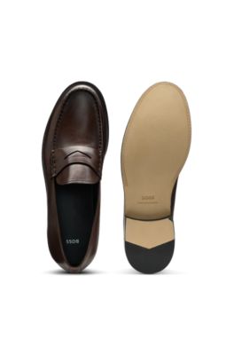 Loafers in smooth leather with penny trim, Dark Brown