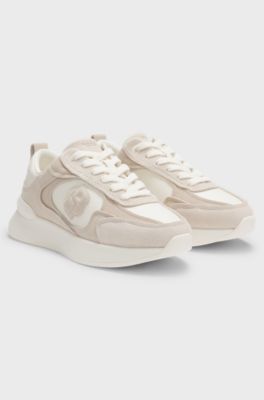 Suede-trim trainers with Double B monogram, Light Beige