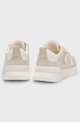 Suede-trim trainers with Double B monogram, Light Beige
