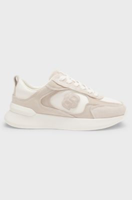 Suede-trim trainers with Double B monogram, Light Beige