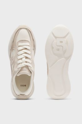 Suede-trim trainers with Double B monogram, Light Beige
