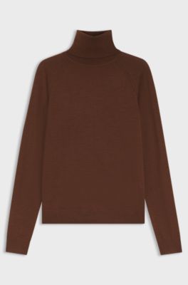 Slim-fit rollneck sweater in extra-fine merino wool, Brown