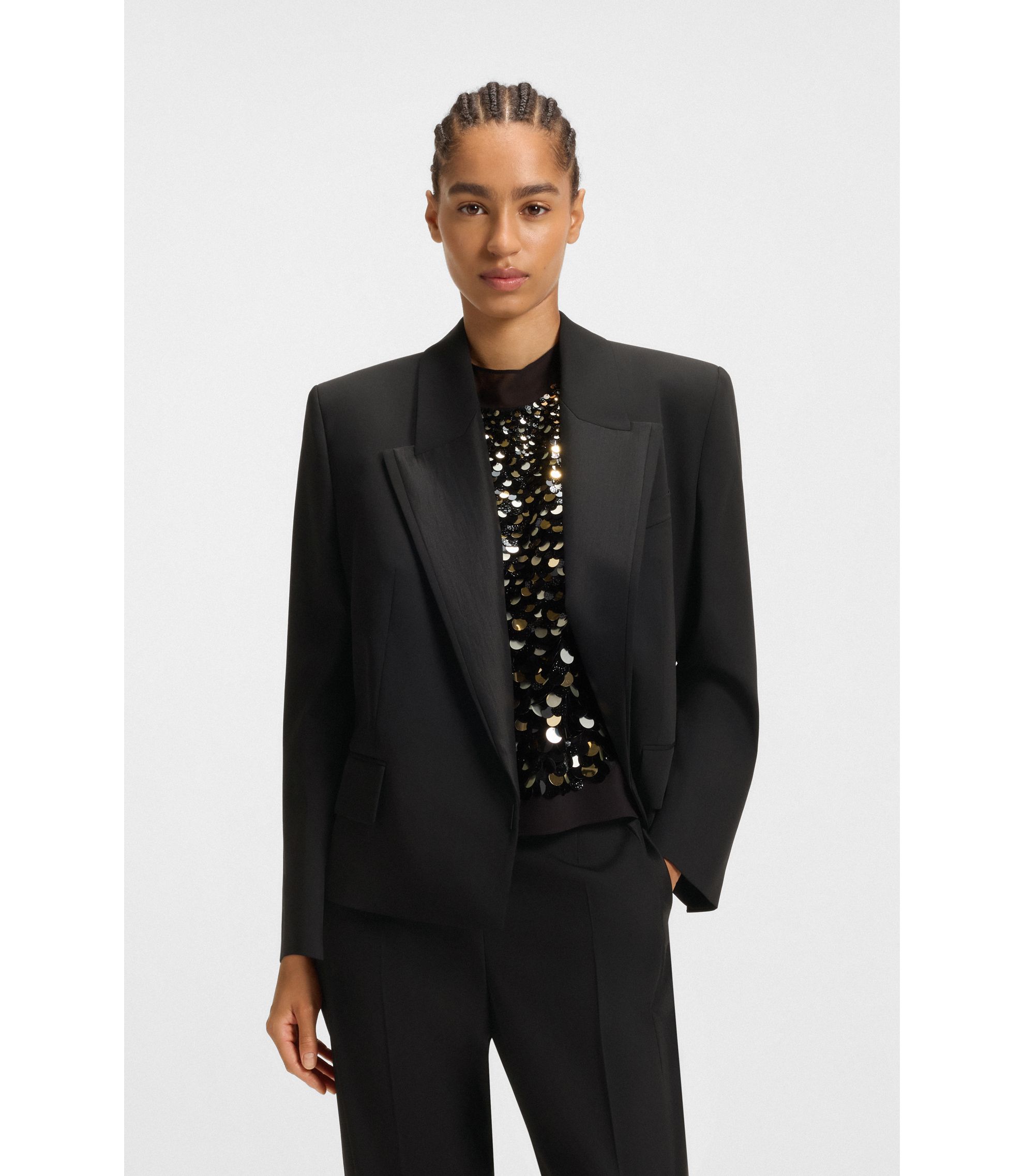 BOSS Relaxed-fit tuxedo blazer in virgin-wool twill Black