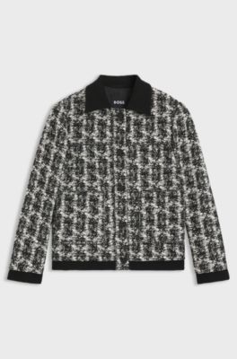 Giacca regular fit in tweed elasticizzato a motivi con piume, Nero a motivi