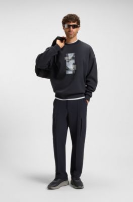 Oversized-fit cotton-blend sweatshirt with photo print, Dark Blue