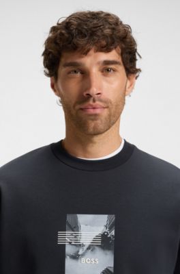 Oversized-fit cotton-blend sweatshirt with photo print, Dark Blue