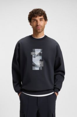 Oversized-fit cotton-blend sweatshirt with photo print, Dark Blue