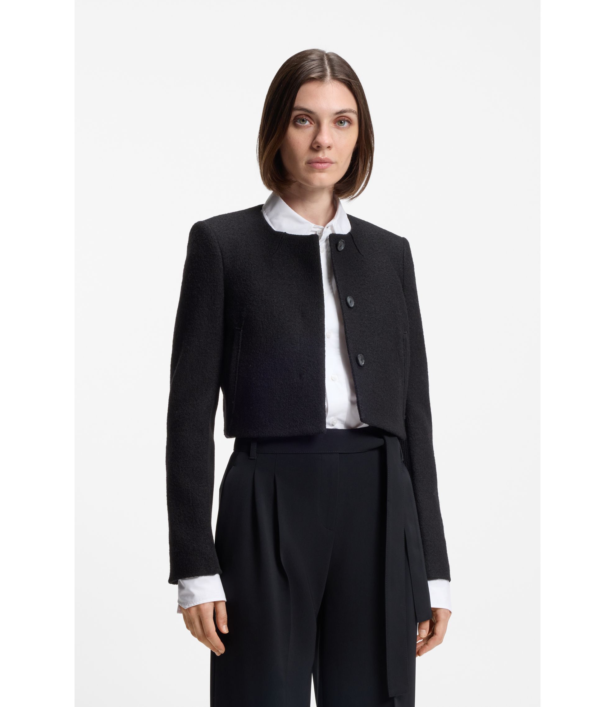 BOSS - Slim-fit cropped jacket in boiled virgin wool - Black