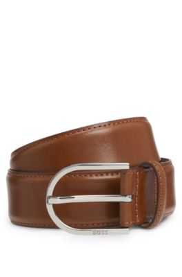 Italian-leather belt with rounded buckle, Brown