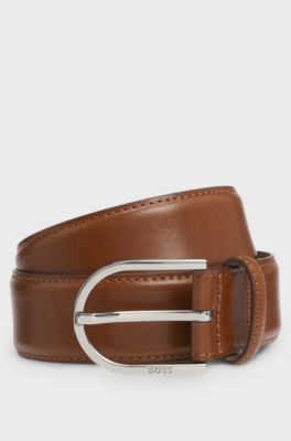 Italian-leather belt with rounded buckle, Brown