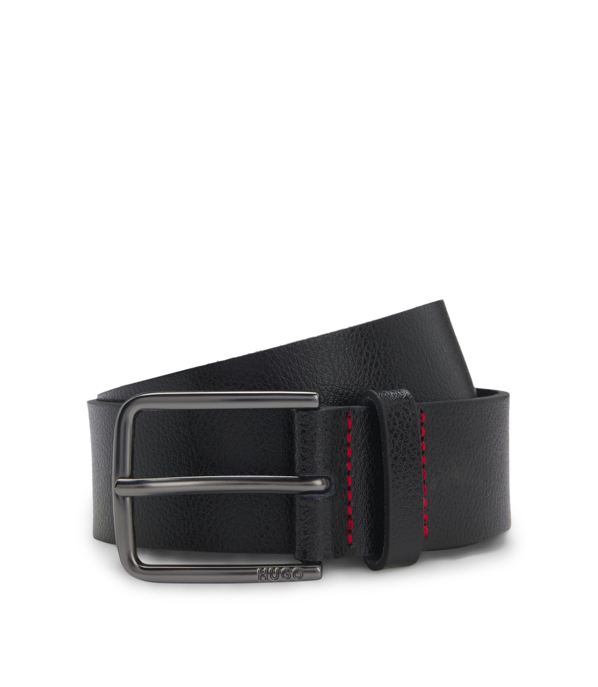 HUGO BOSS ブラックレザーベルト BOSS - Italian-leather belt with silver-toned buckle - Black