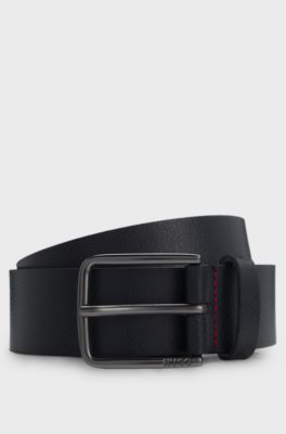 Embossed-leather belt with brushed-gunmetal pin buckle, Dark Blue