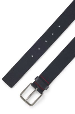 Embossed-leather belt with brushed-gunmetal pin buckle, Dark Blue