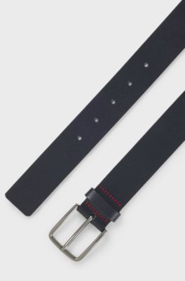 Embossed-leather belt with brushed-gunmetal pin buckle, Dark Blue