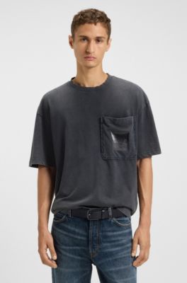 Cintur&oacute;n de piel grabado con hebilla de bronce industrial cepillado, Azul oscuro