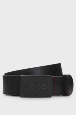 Italian-leather belt with logo plaque buckle, Black
