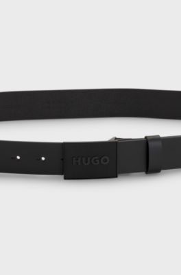 Italian-leather belt with logo plaque buckle, Black