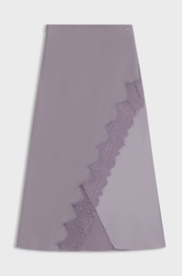 Wrap-style maxi skirt in satin with lace trim, Light Purple
