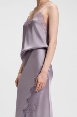 Wrap-style maxi skirt in satin with lace trim, Light Purple