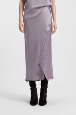 Wrap-style maxi skirt in satin with lace trim, Light Purple