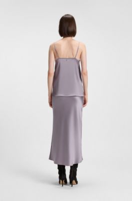 Wrap-style maxi skirt in satin with lace trim, Light Purple