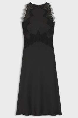 Seersucker-satin dress with lace trims, Black
