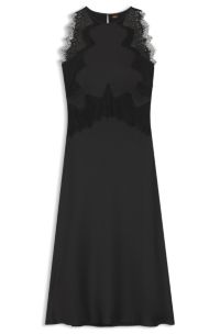Seersucker-satin dress with lace trims, Black